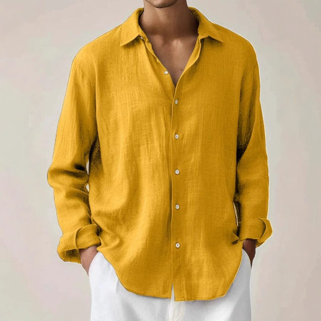 Men’s stylish solid-color long-sleeve button-down shirt