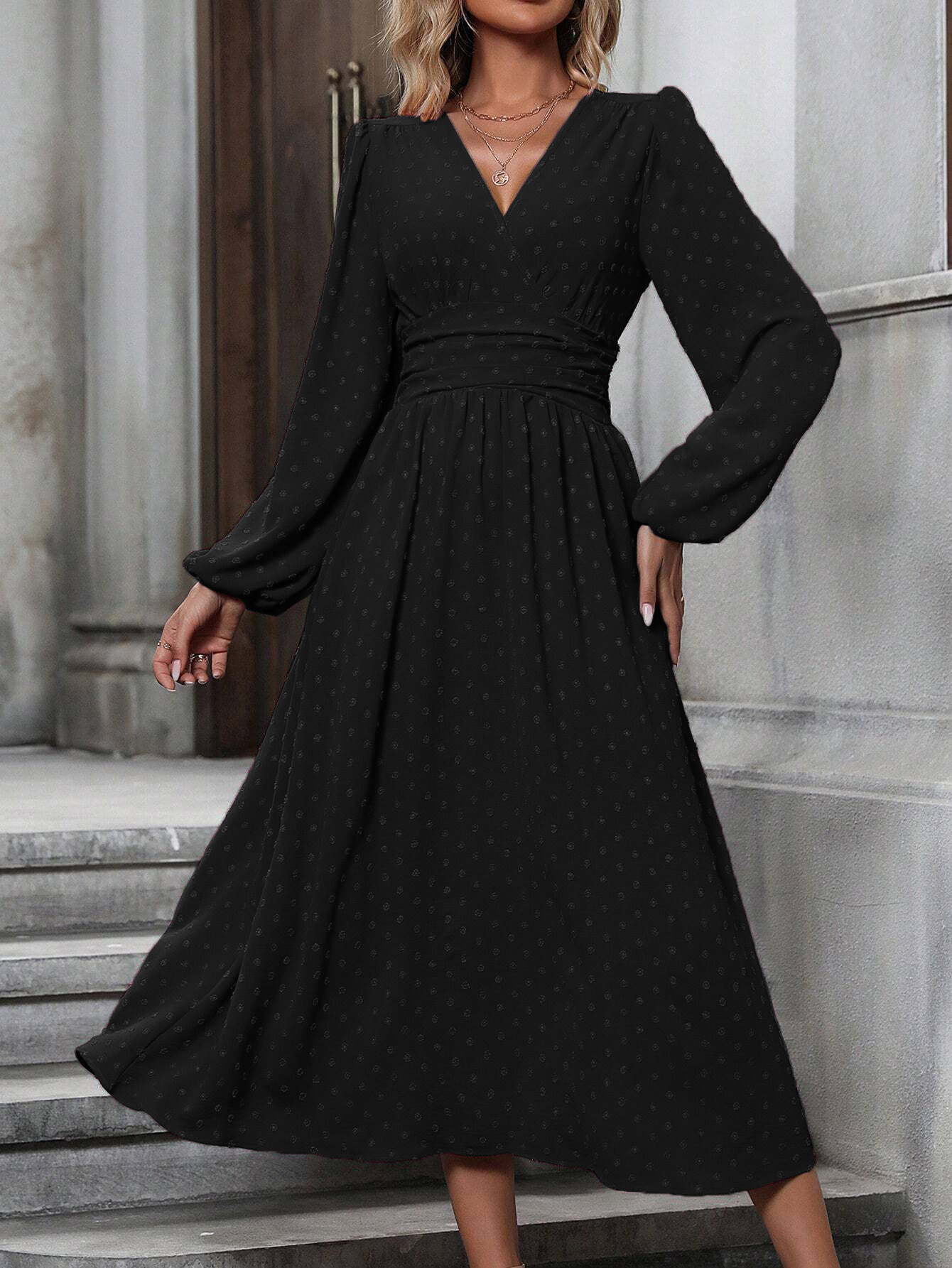 medium fur ball diagonal collar lantern sleeve pleated waist dress - Image 5