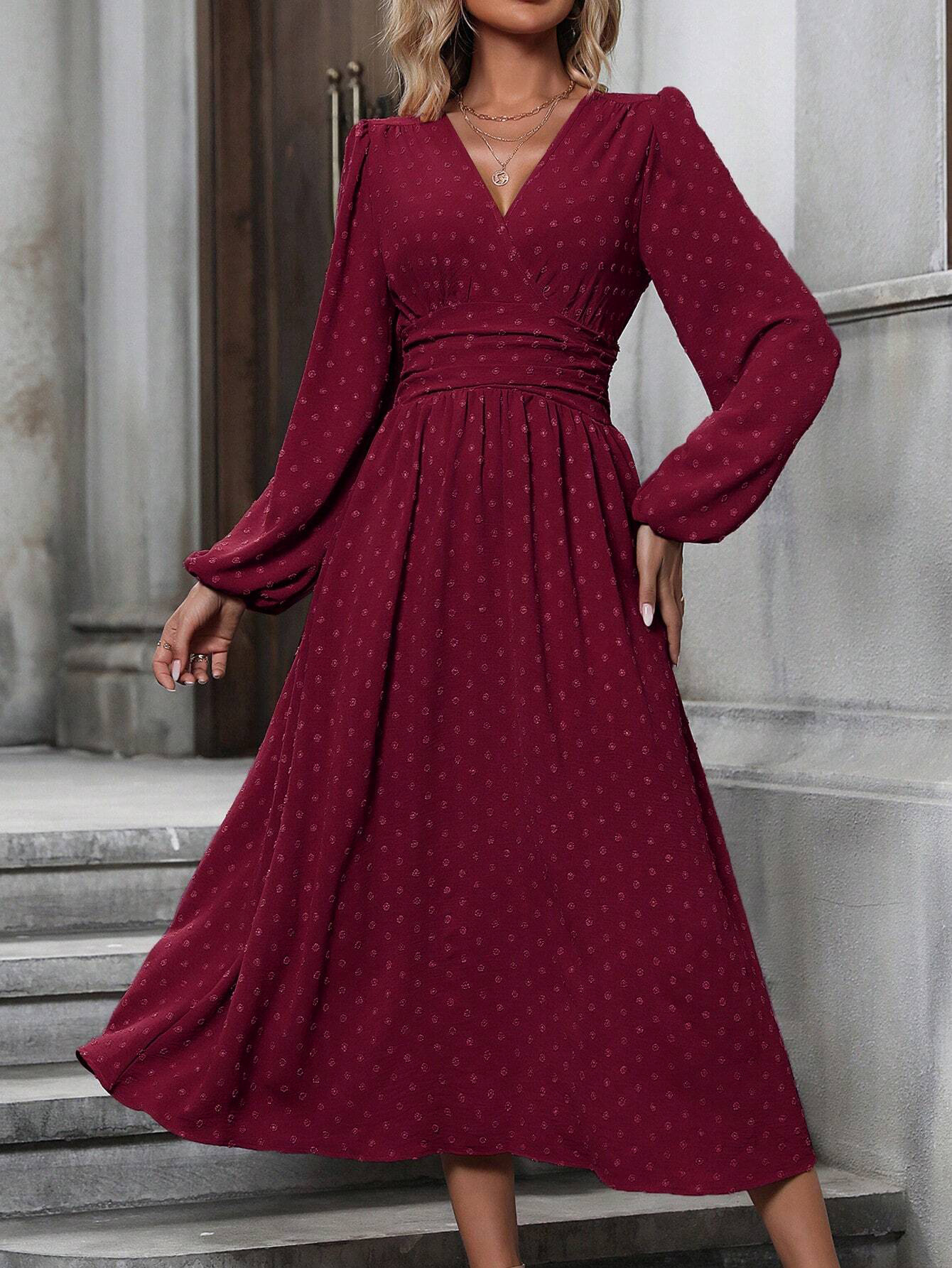 medium fur ball diagonal collar lantern sleeve pleated waist dress - Image 2