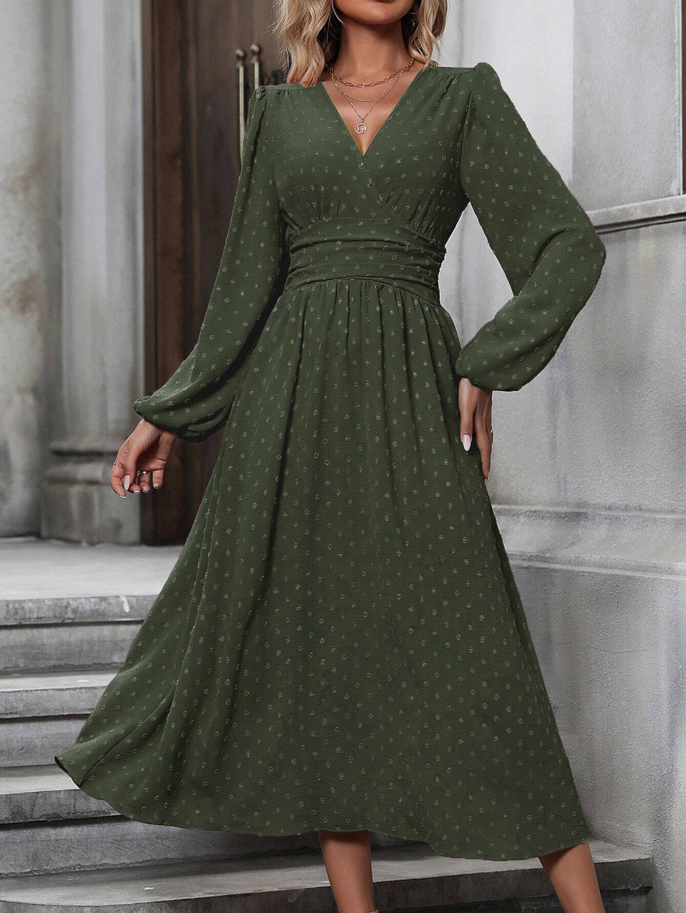 medium fur ball diagonal collar lantern sleeve pleated waist dress - Image 4